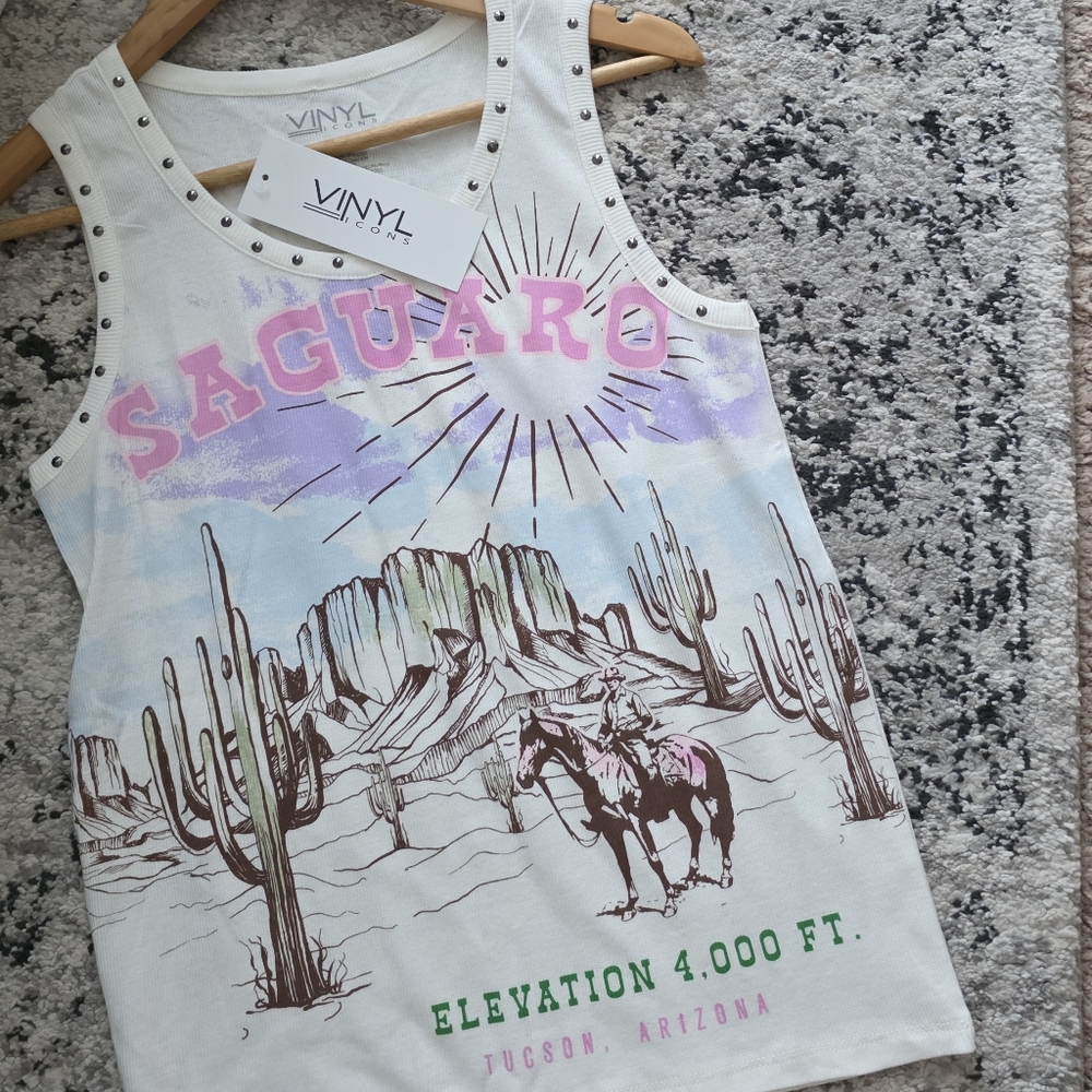 Vinyl Icons Arizona Ribbed Jeweled Tank Womens Size L Graphic Print NWT Rodeo